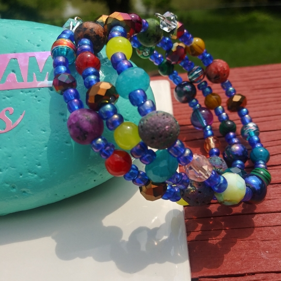 Blue Opal Jasper Lava Stone Bracelet Gemstone Unique Gift Boho Festival Handmade - Picture 1 of 16